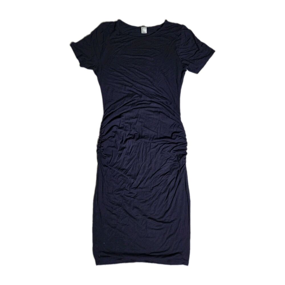 VENUS Navy Blue Maternity Ruched Short Sleeve Bodycon Midi Dress Size L GUC
